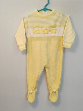 Vtg Tiny Tots Original Baby Knit Romper Yellow Elephant Footed Romper 6-9 Months